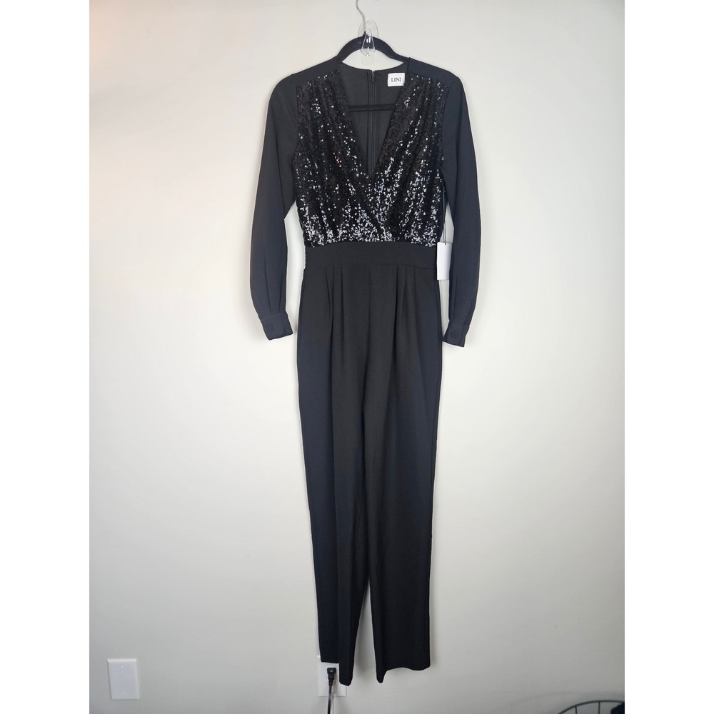 Lini Black Sequin V Neck Long Sleeve Jumpsuit Formal Evening Party
